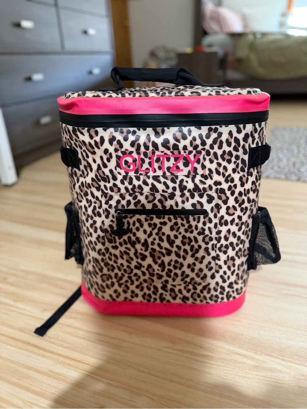 Glitzy Leopard Print Insulated Cooler Bag with Hot Pink Trim